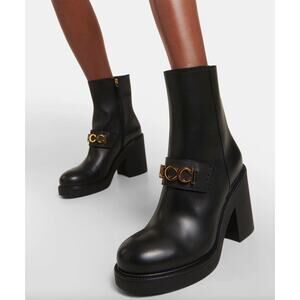 Gucci Logo Leather Platform Ankle Boots Black 40